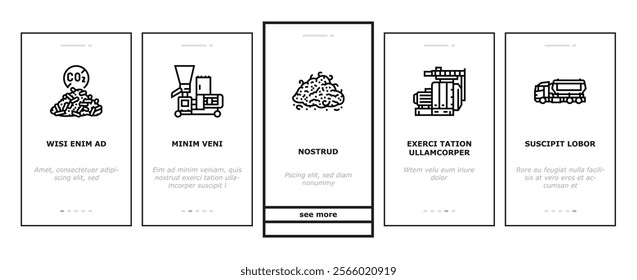 wood pellets timber plywood onboarding mobile vector chip granule, energy fuel, tree panel, biomass pulp, alternative paper, cardboard wood pellets timber plywood illustrations