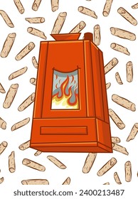 Wood pellett stove cartoon, on pellet elements  background. vector illustration