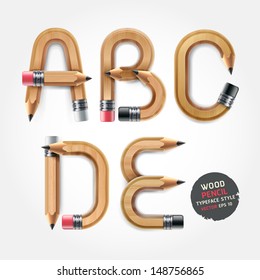 Wood pencil alphabet style. Vector illustration.