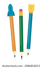 Wood pencils with different eraser on the end. Cute cat, Rocketship erasers