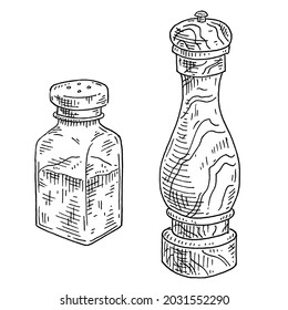 Wood pepper mill and glass salt shaker. Vintage vector hatching black engrave illustration. Isolated on white background. Hand drawn design