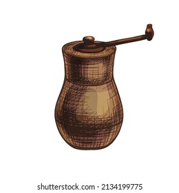 Wood pepper mill. Vector vintage hatching color illustration. Isolated on white background. Hand drawn design