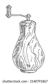Wood pepper mill. Vector vintage engraving color illustration. Isolated on white background. Hand drawn design
