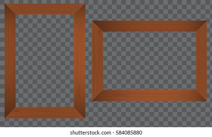 Wood Photo frame. Horizontal and vertical Realistic wooden border on a transparent background. Flat Vector illustration.