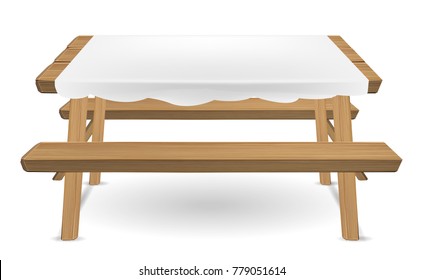 wood picnic table with white tablecloth vector