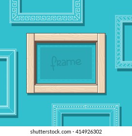 Wood picture frame flat vector. Stylish beige photo frame on blue wall. Painting frame set. Template.