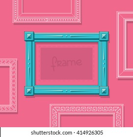 Wood picture frame flat vector. Stylish blue photo frame on pink wall. Painting frame set. Template.