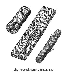 Wood or Pieces of Tree. Planks and logs, lumber and Cuts, Firewood in vintage style. Vector illusion for signboard, labels, logo or banner. Campfire material. Engraved Hand drawn sketch.