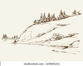 Wood pine hut high riverside cliff  Sad calm lone young girl space for text white sky  Wild spring Alpine waterfront pond scenic view picture in art vintage hand drawn black ink graphic style