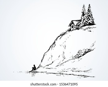 Wood pine hut on high riverside cliff. Sad calm lone young girl on space for text on white sky. Wild spring Alpine waterfront pond scenic view picture in art vintage hand drawn black ink graphic style