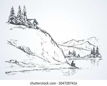 Wood pine hut high riverside cliff  Sad calm lone young girl space for text white sky  Wild spring Alpine waterfront pond scenic view picture in art vintage hand drawn black ink graphic style