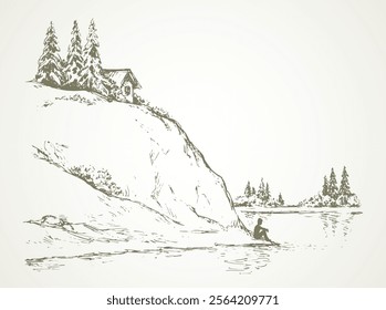 Wood pine hut on high riverside cliff. Sad calm lone young girl on space for text on white sky. Wild spring Alpine waterfront pond scenic view picture in art vintage hand drawn black ink graphic style