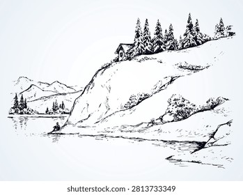 Wood pine hut on high riverside cliff. Sad calm lone young girl on space for text on white sky. Wild spring Alpine waterfront pond scenic view picture in art vintage hand drawn black ink graphic style
