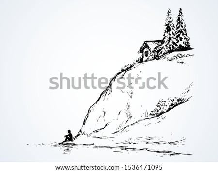 Wood pine hut on high riverside cliff. Sad calm lone young girl on space for text on white sky. Wild spring Alpine waterfront pond scenic view picture in art vintage hand drawn black ink graphic style