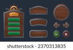 Wood pirate ui game frame and board button vector. Wooden texture menu interface with arrow, panel and signboard 2d shape. Round metal web plank for medieval mobile app. Brown fantasy plate kit