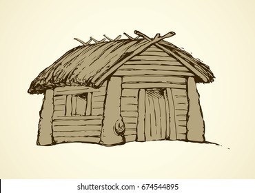 Wood plank barn facade isolated on white backdrop. Retro loghouse abode with aged reed roof. Freehand outline black ink hand drawn picture sketchy in art vintage doodle contour style pen on paper