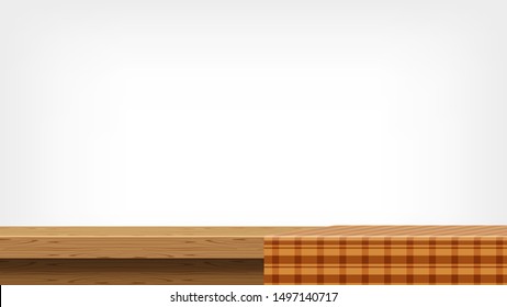 wood plank and brown tablecloth front view for copy space, empty table top and tablecloth, brown checkered cloth on wood plank for background, tablecloth on tabletop, fabric on wooden table grey wall