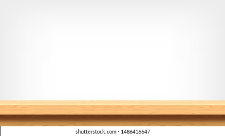 wood plank empty front view for background and copy space, blank table top wooden brown for decoration room, vintage wood plank for background, wooden table on grey wall, table wood plank front view