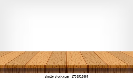 wood plank empty front view for background and copy space, blank table top wooden brown for decoration room, vintage wood plank for background, wooden table on grey wall, table wood plank front view