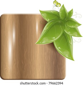 Wood plank with green leaves and butterfly, vector illustration. eps-10