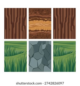 Wood plank panels, rough timber boards, stone slabs and green grass textures, seamless vector tile set for game levels, backgrounds