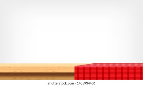 wood plank and red tablecloth front view and copy space, empty table top and tablecloth, red checkered cloth on wood plank for background, tablecloth on tabletop, fabric on wooden table and grey wall