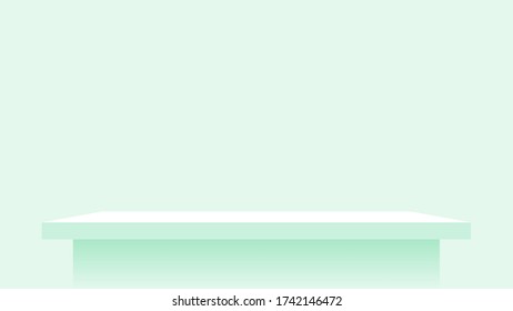 wood plank shelf on wall green pastel soft color, modern shelf for display show on space wall room, cute and chic counter desk panel for decoration, empty table top panel green, background copy space