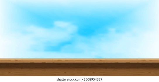tábua de madeira, tampo de mesa de madeira, tábua de mesa e céu azul macio, vetor de bancada de madeira