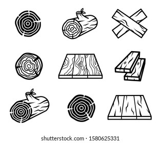 Wood planks, flooring and logs icon set vector collection