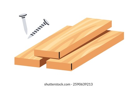 Wood planks and nails shown in flat style isolated on white background. Concept of construction. Vector illustration