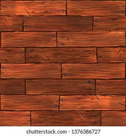 Wood Planks. Old Parquet Floor, Wall, Surface. Rough Checkered Wooden Planks With Nails. Hand Drawn, Cartoon Seamless, Texture, Pattern, Tile, Background, 3d, Model.