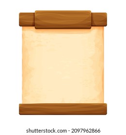 Wood planks with parchment paper in cartoon style isolated on white background. Frame, medieval panel, menu. Empty gui asset, signboard.