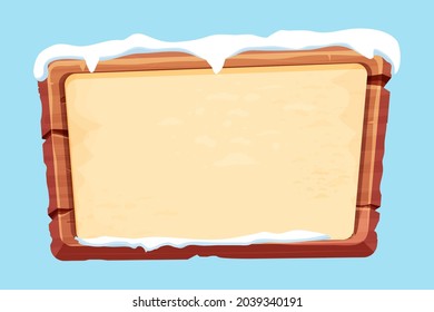 Wood planks with parchment paper and snow in cartoon style isolated on white background. Frame, holiday panel, menu. Empty gui asset, signboard.