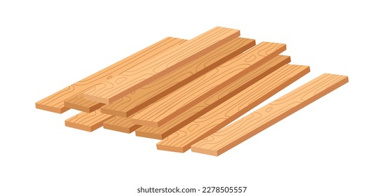 Wood planks pieces, pile. Wooden timber, long boards heap. Construction natural material, hardboard for building. Flat vector illustration isolated on white background