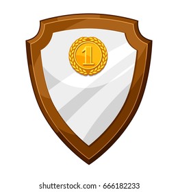 Wood plaque award board with gold medal. Illustration of shield for sports or corporate competitions.
