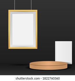 Wood podium with book and frame background design