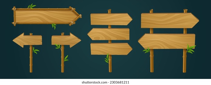 Puntero de madera juego de bambú ui vector de marco. Tarjeta de señalización de flecha de dirección en juego de palos. Panel de información de la playa de selva tropical aislada para la interfaz del menú. Colección de iconos de botón de guía en blanco