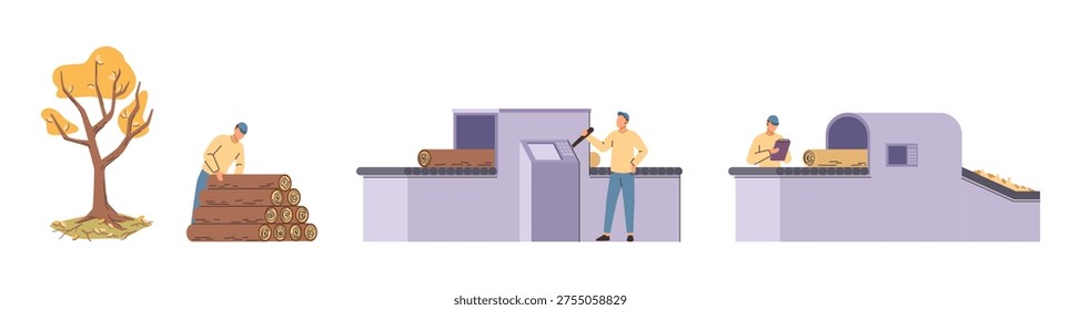 Wood processing on paper factory. Vector in flat style, isolated set of machinery and tasks performed by worker in industry. Papermaking steps and quality control. Business and production