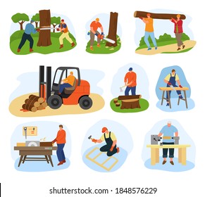 Wood processing vector illustration flat set. Wooden production equipment and timbers. Sawing up trucks, transportation to wood factory, cutting board, furniture factory. Tree trunks, carpentry.