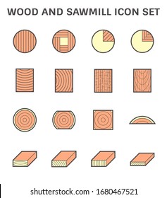Wood product vector icon i.e. plank, board, lumber and girder. Include log, timber and square sawing, cutting process in mill, sawmill industy. Material from nature for woodworking, house construction