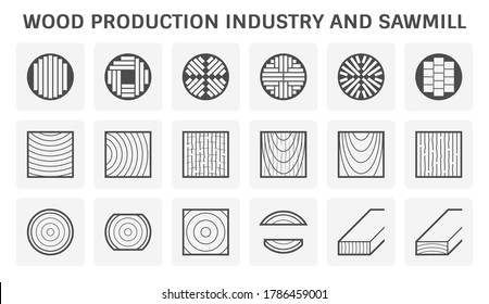 Wood product vector icon i.e. plank, board, lumber and girder. Include log, timber and square sawing, cutting process in mill, sawmill industy. Material from nature for woodworking, house construction