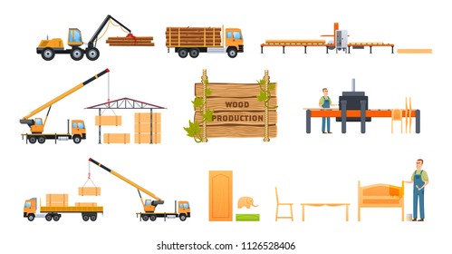 Wood production concept. Cargo working car for freight transport for transportation of resources, storage, transportation and loading. Manufacture of products, processing of wood. Vector illustration.