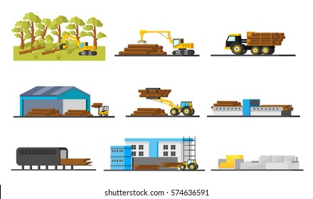 Wood production elements collection with trees felling transportation storage cutting board and furniture manufacturing isolated vector illustration