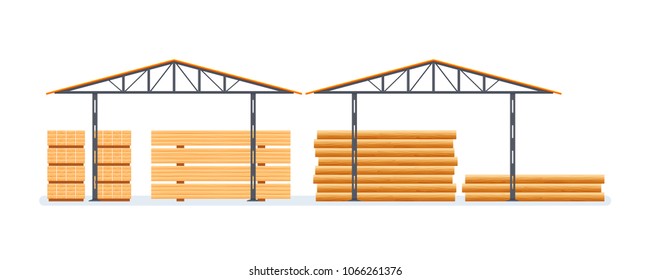 Wood production, forestry activities. Industrial plant, warehouse with stock resources products. Wood processing, production. Building, storage production stocks of products. Vector illustration.