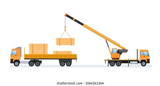 Wood production and forestry. Log with load in form of felled trees, forestry equipment for loading and transporting goods. Transportation of natural resources to wood factory. Vector illustration.