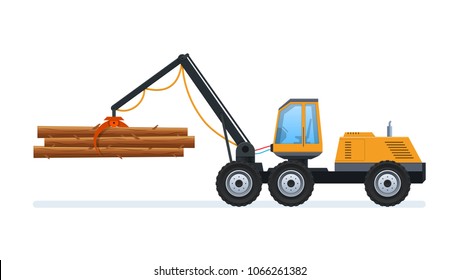 Wood production and forestry. Log with load in form of felled trees, forestry equipment for loading and transporting goods. Transportation of natural resources to wood factory. Vector illustration.
