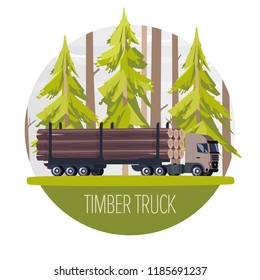 Wood production and forestry. Log with load in form of felled trees, forestry equipment for loading and transporting goods. Transportation of natural resources to wood factory. Vector illustration.