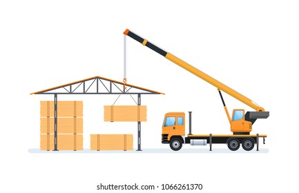 Wood production and forestry. Machine with load in form felled trees, forestry equipment for transportation, loading, unloading in warehouse. Building, storage production stocks. Vector illustration.