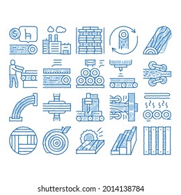 Wood Production Plant sketch icon vector. Hand drawn blue doodle line art Wood Sawmill And Forestry Equipment, Timber And Lumber, Factory And Wooden Fence Illustrations