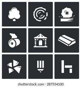 Wood products industry icons set. Vector Illustration.
Isolated Flat Icons collection on a black background for design